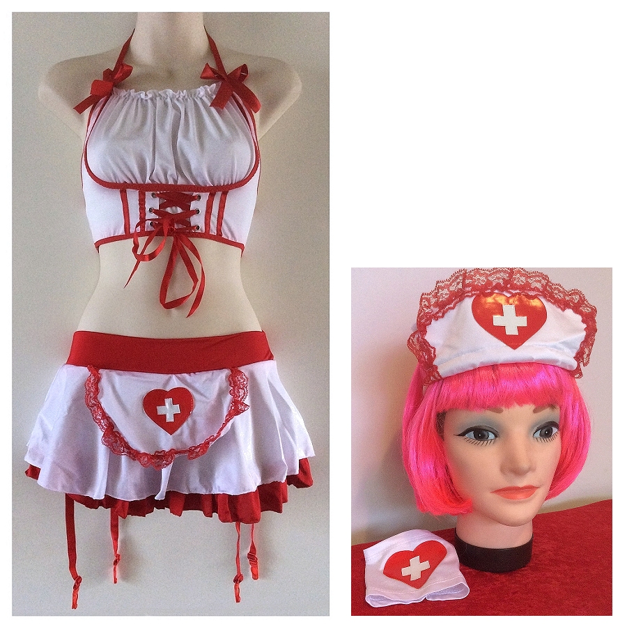Erotic Nurse Costume Cropped Lace Up Bustier Top Sexy Suspender Skirt